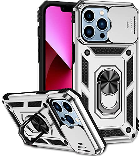 Hitaoyou iPhone 13 Pro Case with Camera Cover & Kickstand, Military Grade Shockproof Heavy Duty Protective Case with Magnetic Car Mount Holder - Silver
