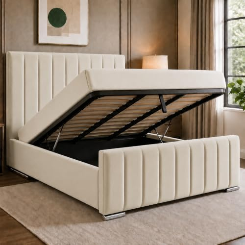 Living Comfort Bedz | Upholstered Lined panel luxury bed | Plush Velvet lift-up storage bed | Stylish ottoman Super King size bed frame with Elegant headboard Design (Cream, Super King Gas Lift)