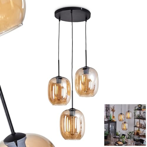 HOFSTEIN Hängeleuchte Apedo, 3-flammige Hängelampe aus Metall/Glas in Schwarz/Bernsteinfarben, moderne Pendelleuchte im Retro/Vintage-Design, Schirme Ø 20 cm, E27, Esszimmer, Küche, Wohnzimmer