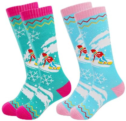 HYCLES Kids Ski Socks, Long Keen High Thermal Winter Socks for Boys, 2 Pairs Colorful Warm Ski Socks for Children, Soft Breathable Winter Outdoor Ski Sock for Skiing Skating Snowboarding