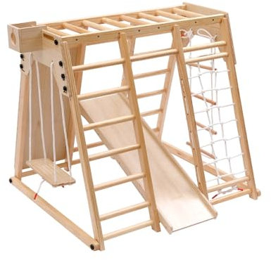 HOME DELUXE - Aire de jeux d'intérieur LIO - bois de pin, 121 x 112 x 121 cm, avec support Toniebox, toboggan, mur d'escalade et balançoire I mur d'escalade aire de jeux pour enfants
