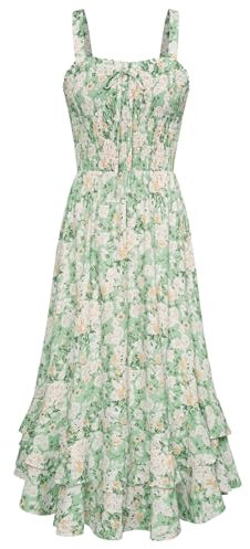 Sommerkleid Damen Knielang A-Linie Blumenkleid Ärmellos Maxikleid Spaghettiträger Kleid Strandwear Holidy Kleid L Grün-Weiß Gelbe Blume