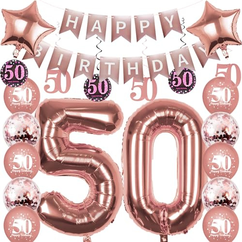Pargleev Rose Gold 50th Birthday Decorations, Number 50 Foil Balloons | 14-balloon kit: two 32in Number 50 foil balloons, banner, star, latex & confetti balloons, glitter swirls; air or helium
