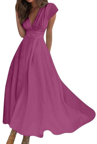 Generic Robe De Plage Chic Et Élégante Mariage Manches Portefeuille Cocktail Femme Hiver Lin Bandeaux Imprimée Rose Vif L