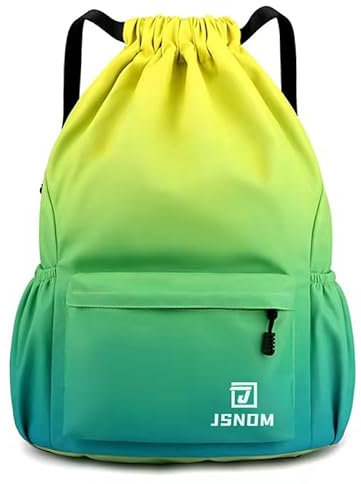JSNOM Turnbeutel Kordelzug Wasserdicht Sportbeutel: Beutel Rucksack Groß mit Reißverschluß Innentasche Gymsack Gym Bag für Damen Herren (Grüngelb)