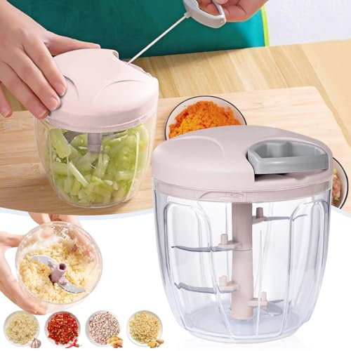 NIUAWASA Manueller Zerkleinerer 900 ml, Hand Lebensmittel Zerkleinerer mit Seilzug Gemüse Küchenmaschine mit Klingen aus Edelstahl Slicer Dicer Grinder für Zwiebeln Knoblauch Nüsse (Rosa)