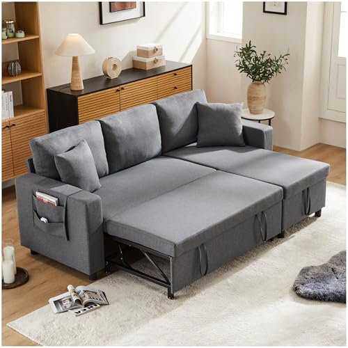 Sapgaks Ecksofa, ausziehbar, mit Getränkehalter, L-förmiges Sofa mit Stauraum, Sofa, Bett, Polstermöbel, modernes Design, austauschbar links und rechts (dunkelgrau)