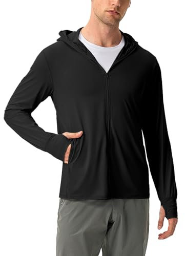 Sukany Men's UPF 50+ Sun Protection Hoodie Lightweight Athletic UV Jacket Running Thin Zip Up Outdoor Hiking Long Sleeve SPF Shirt with Thumb Holes Black L