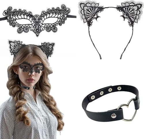 HSLPSM Spitzen-Maskenmaske für Frauen, schwarze Maskerade-Maske, Katzenohren-Stirnband mit Herz-Choker für Catwoman Cosplay Halloween Dekor Karneval