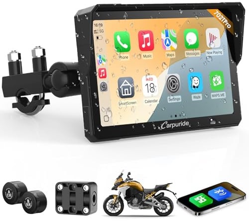 Carpuride W702T Pro Moto Carplay Schermo con TPMS Sistema, Senza Fili CarPlay e Android Auto, Portatile 7 Impermeabile Tattile Schermo, Doppio Bluetooth, Interfono Funzione, Navi, Bussola, Barometro.