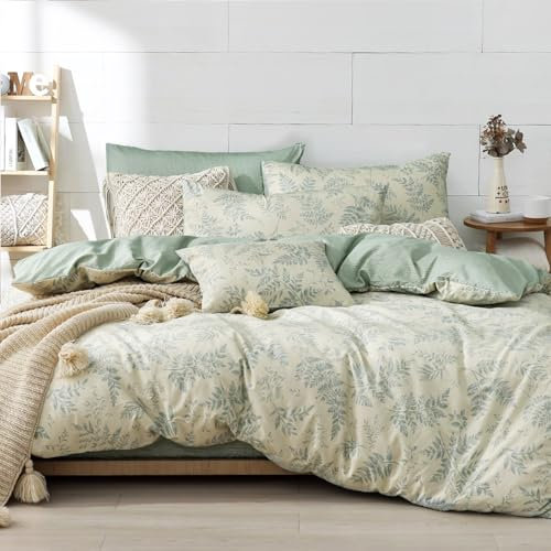 LEMIROE 100% Natural Botanical Cotton Duvet Cover Queen Size 3pcs,Printed with Luxrious Bluish-Grey Ferns on Beige,Dusty Green Comforter Cover Sets,Button Closure