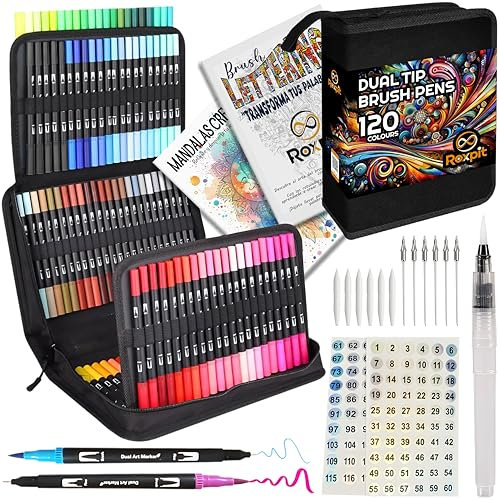 Roxpit Lettering Markers 120 Colors Dual Tip - Includes Blender, Beginner's Guide, Mandalas Book and Portable Case for Art, Doodling and Calligraphy