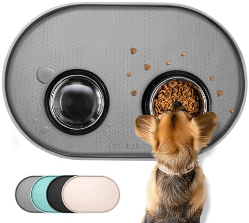 Conlun Napfunterlage Hund,1,2cm Hohe Ränder Futtermatte Katzen zur Vermeidung von Verschüttungen,BPA-Freie mit Rand Futtermatte für Haustiere für Futter- und Wassernäpfe (60x40cm, Grau)