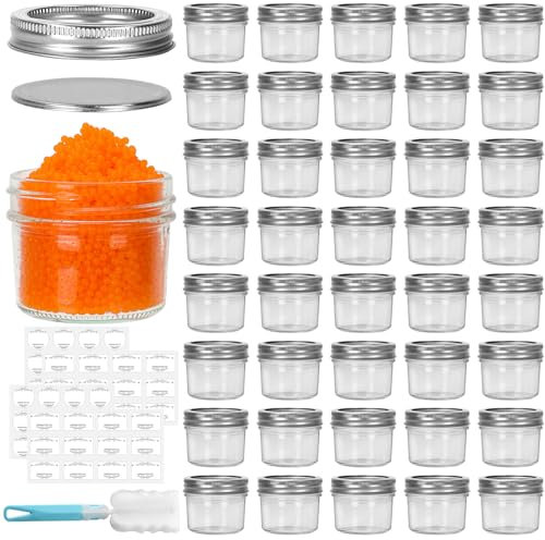 CulnCraz 4 oz Glass Regular Mouth Mason Jars, 40 Pack Glass Canning Jars with Silver Aluminum Lids and Bands, Airtight Small Jars for Food Storage, Canning, Pickling, Fermenting, Overnight Oats,Decor