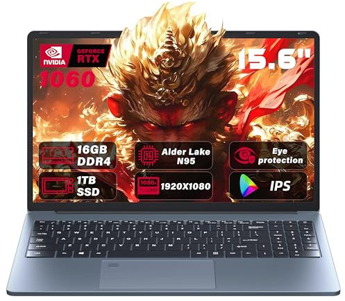 15.6'' FHD Gaming Laptop, Celeron N95, Nvidia GTX 1060 4GB,16G RAM 512G SSD, Win 11 Pro/Office 2019, Hochleistungs, mit HDMI, Type-C, RJ45 Ethernet, BT, Beleuchtete Tastatur,Fingerabdruck (SSD:512G)