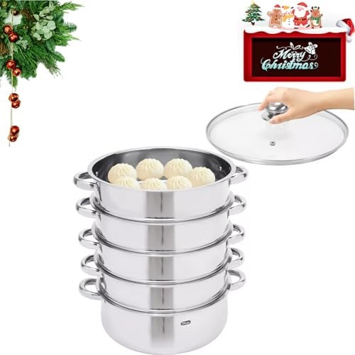 WSIKGHU Dampfgarer Topf 5 Etagen, Mantowarka Induktion Dampfkocher mit Glasdeckel, 26/28/30/32 cm Große Edelstahl Dampf Kochtopf mit 1 Pfanne und 4 Dämpfern - EU Stocks (28cm/11zoll)