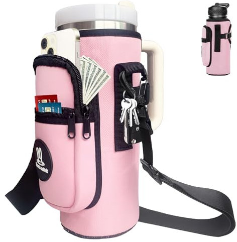 Sports rabbit Universal Water Bottle Holder – Compatible with Stanley 40oz Handle & Straight Bottles – Large Phone Pocket, Adjustable Strap for Work, Office, Gym, Outdoor, Camping(Pink)