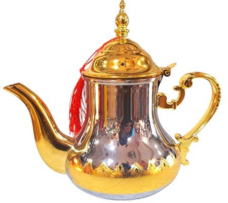 Tetera de te marroqui hecha en Acero Inoxidable Decorada con Filtro Integrado y asa Auténtica Tradicional Modelo Grabado con Diseño Clásico Arabe (pequeño- 0.8L)