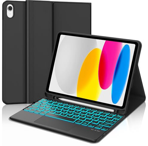 WAVATA Funda con Teclado para iPad 10 Generación 2022/11 Generación A16 2025, QWERTY Español Ñ- Retroiluminado Bluetooth Desmontable Trackpad Teclado para iPad 11 Generación A16 2025– Negro