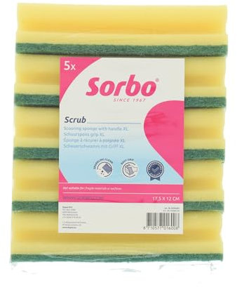 Sorbo Spugne Jumbo con manico, set da 5 pezzi, extra grandi, 17,5 x 10,5 x 5 cm, lato abrasivo verde, spugna in viscosa, altamente assorbente e lavabile, spugne per la pulizia della casa e della