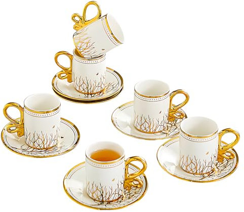 Juego de Té Vintage de Porcelana para 6 Personas, Set de 12 Piezas con Tazas de 220ml y Platillos, Diseño con Ramas Doradas, Ideal para Café, Té, Hogar O Regalo Elegante