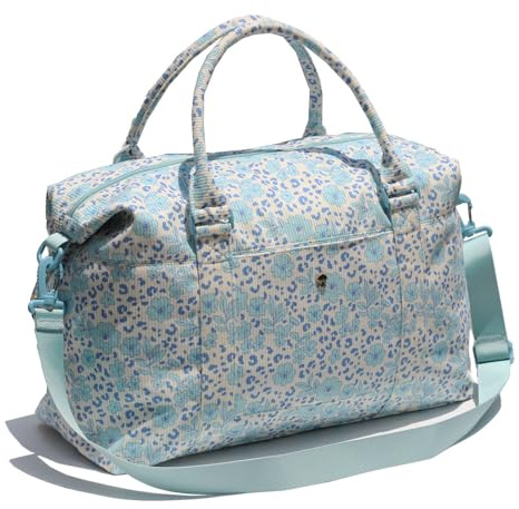 ESVAN Reisetasche, Sporttasche, Weekender, Übernachtung, Handgepäcktasche, Crossbody-Tasche mit Nassfach und Trolleyhülle, Cord, blaue Blume, modisch