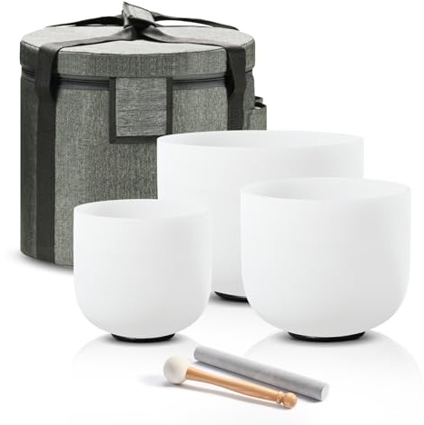 CVNC 432HZ 6A Third-eye, 7C Root, 8F Heart Frosted Quartz Crystal Singing Bowl Chakra Set of 3 with Carry Case Bag for Sound Healing and Meditation