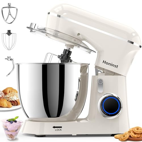 Honinst Küchenmaschine Knetmaschine, 1400 W, 6,5 L Edelstahlschüssel | Zum Teigkneten & Backen, 10 Geschwindigkeitsstufen, mit Knethaken, Rühr- & Schneebesen, für Brot- & Pizzateig, Weiß