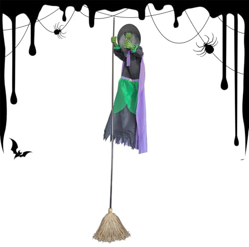 Witch On Broom Decoration, Halloween Flying Broom Outdoor - Realistic Party Supplies for Garden Indoor Outdoor Entrance Fence Porch