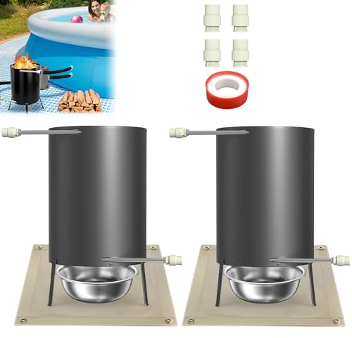 ACXIN 2 Stück Poolheizung mit Feuer, Anschlüsse Edelstahl Feuertonne Brennholz Pool Heizung mit Heizspirale für Schwimmbäder, Poolofen Heizungen inkl. Matte & Restasche Auffangwanne, Schwarz