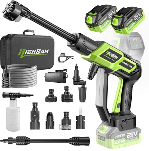 Hidrolimpiadora de Alta Presión, Motor Sin Escobillas 3000W 3 Modos, 135Bar 20L/Min, Limpiador Móvil con 2 Baterías 4.0Ah, Boquilla 6 En 1 Giratoria 180°, para Limpieza De Coches Y Hogar