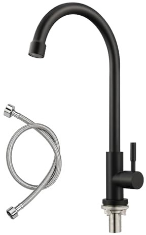 BONADE Wasserhahn Küche Schwarz, 360°Drehung Einhand Hochdruck Kaltwasserhahn Küche, küchenarmatur schwarz mit Muttern aus Edelstahl 304, Küchenarmatur Spültischarmatur Kaltwasser für Garten