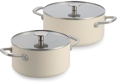 KitchenAid Advanced Forged Aluminium Saucepan Set of 4 Saucepans 20 cm / 3.11 L and 24 cm / 4.91 L with Glass Lids, Ceramic Non-Stick Coating Without PFAS, Induction, Oven Safe up to 220 °C, Cream