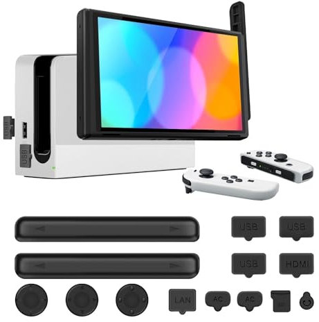 TNP Kit de protection pour Nintendo Switch avec film de protection d'écran en verre et 13 capuchons en caoutchouc antidérapants, anti-poussière et anti-rayures, pour Nintendo Switch