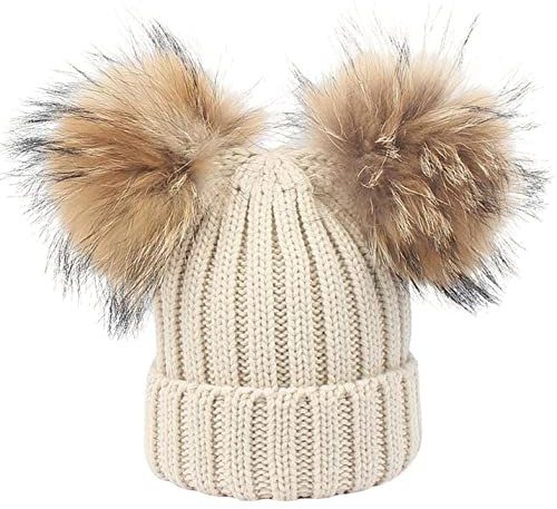 feifanshop Damen Wintermützen Strickmütze Echtfell Waschbär Fell Pelz Bommel Mütze Bommelmütze Beanie Warme Cap Beige