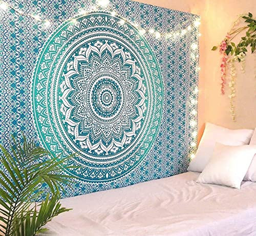 RAJRANG BRINGING RAJASTHAN TO YOU großer Mandala-Wandteppich im King-Size-Format fur Schlafzimmer und Wohnzimmer, Wandbehang, Ombre-Wandteppiche aus Baumwolle, Meeresgrun, 228 x 274 cm