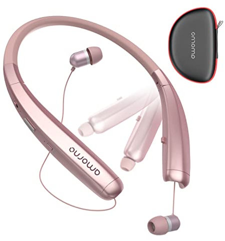 AMORNO Foldable Bluetooth Headphones, Wireless Neckband Sports Headset with Retractable Earbuds, Sweatproof Noise Cancelling Stereo Earphones with Mic