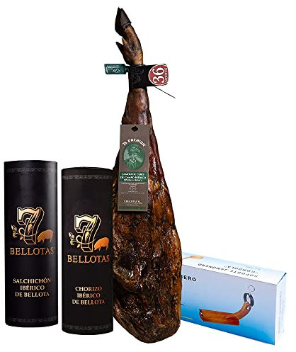 Jambon 7B PREMIUM 50% Race Ibérique PATA NEGRA (+7,5 Kg.) + Charcuterie de BELLOTA Guijuelo + Support à Jambon et Couteau
