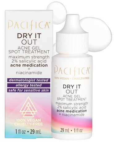 Pacifica Acne Spot Treatment & Pimple Cream – Dry It Out Gel with 2% Salicylic Acid, Witch Hazel, Niacinamide – Dries Blemishes Overnight, Fights Breakouts & Redness, For Teens & Adults, Vegan Clean
