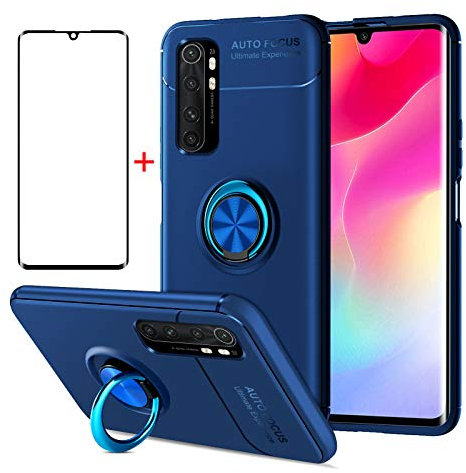 AKABEILA Handyhülle für Xiaomi Mi Note 10 Lite Hülle und Schutzfolie 360 Grad Ring Halter Schutzhülle Silikon Cover Stoßfest Case [Unterstützen Magnetische Autohalterung], Blau