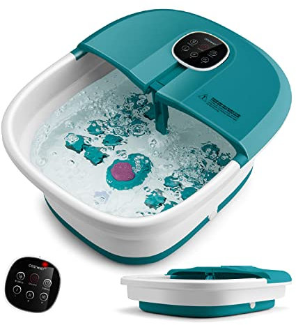 COSTWAY Bain de Pieds Pliant, Massant Chauffant Spa, Masseur à Pédicure avec Bulle et Température Réglable, Massage au Rouleau avec Panneau ABS, Télécommande et Boîte à Médicaments(bleu sarcelle)