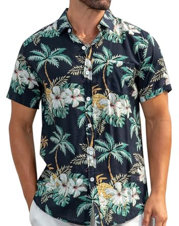 Loveternal Chemise Palmier Homme Manches Courtes Funky Palm Chemise Palmier Casual Button Down Leaves Hawaii Shirt XL