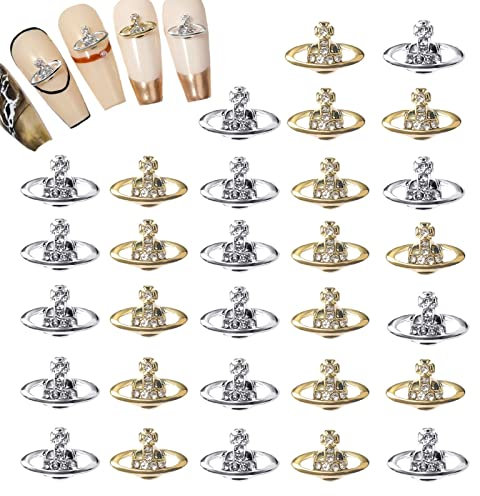 RUNRAYAY 30Pcs Planet Nail Art Charms, Gold & Silver 3D Elegant Nail Studs Diamonds for Nail Accessories, Star Nail Jewelry Decoration for DIY Crafts Nail Decor