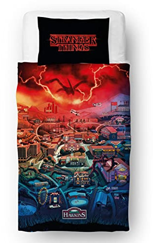 Stranger Things Juego de Funda de edredón Oficial para Cama Doble | diseño de Ciudad Reversible de 2 Caras con Funda de Almohada a Juego