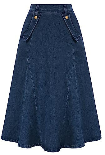 Damen Rock Midi Jeansrock A-Linie High Waist mit Taschen Jeansskirt Party Vintage Dunkelblau XXL