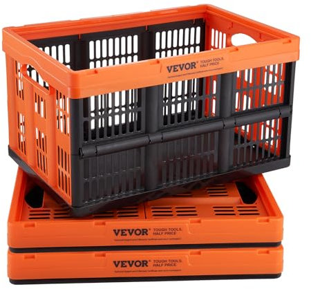 VEVOR Caja de Almacenamiento de Plástico Plegable con Tapas 3 PCS, Cajas de Transporte Apilable 45 L con Asas, Contenedores Grandes y Resistentes para Ropa, Juguetes, Libros, Accesorios, Negro/Naranja