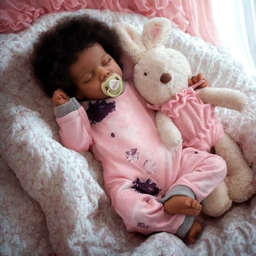 JIZHI Lebensechte Reborn-Babypuppen Schwarz - 17 Zoll Babyweicher Körper und Locken Realistische Neugeborenen-Babypuppen Afroamerikanische Babypuppen im echten Leben Stoffkörper mit Fütterungsset