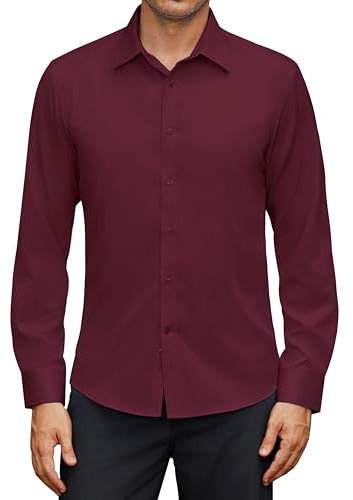 siliteelon Mens Shirts Long Sleeve Burgundy Shirt for Men Adult Smart Casual Dress Formal Wedding Business Work Shirt for Men L