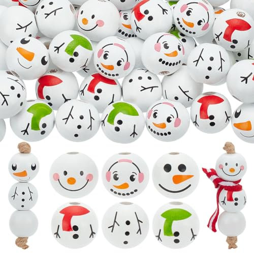PH PandaHall 6 Stile 20mm Holz Schneemann Perlen 60 Stück Schneemann Perlen Mit Großem Loch Weiße Kugelkopf Perlen Holzperle Für Die Herstellung von Weihnachtsschmuck Im Bauernhausstil