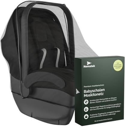Nematek Premium Baby Mückenschutz Netz mit magnetischer Eingriffslasche - passend für z.B. Maxi-Cosi und Cybex Babyschale - Baby Insektenschutz Netz inkl. praktischer Tragetasche und Gummizug